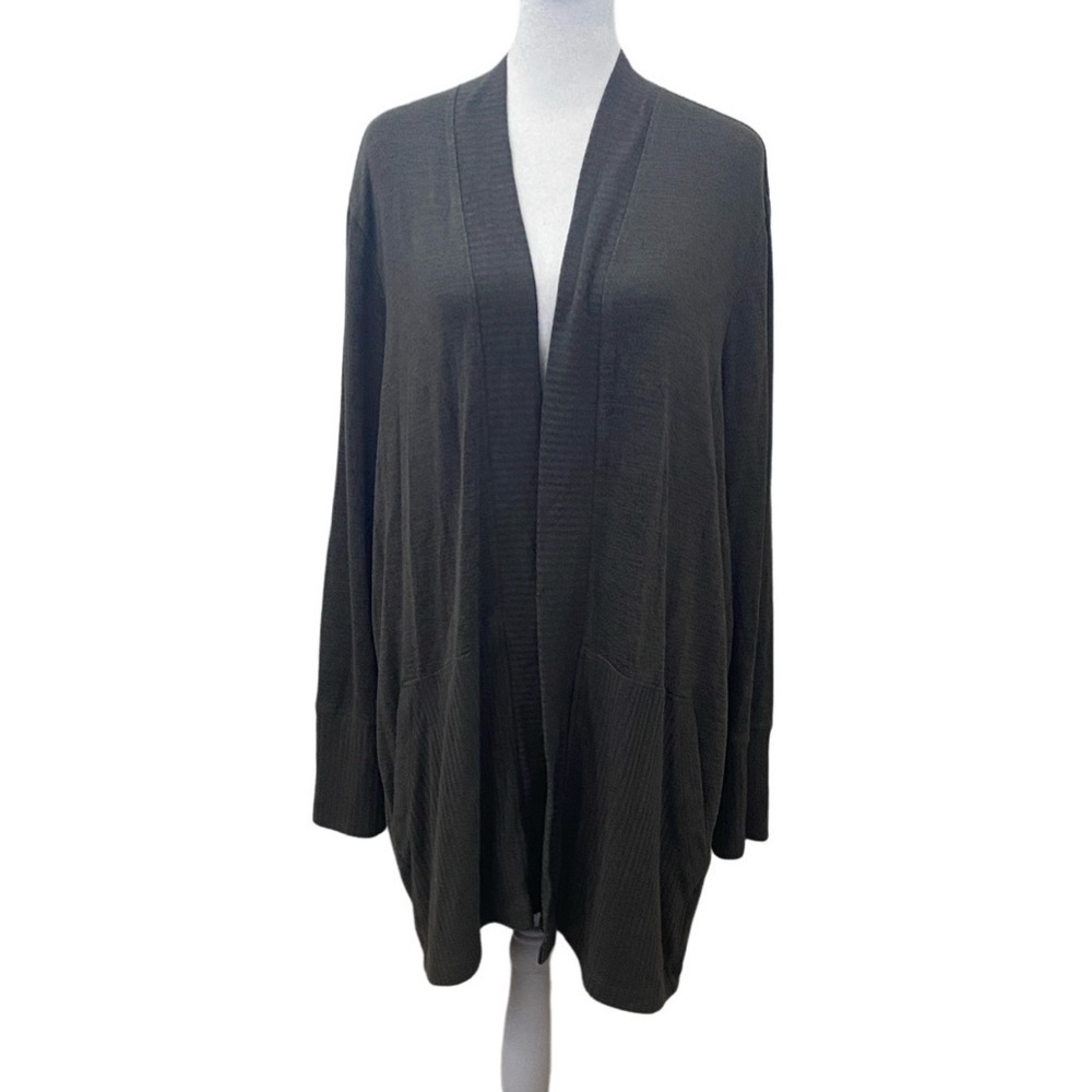 Chico's Olive Green/ Gray Long open Front Cardigan Sweater. Size (3). 16/18.